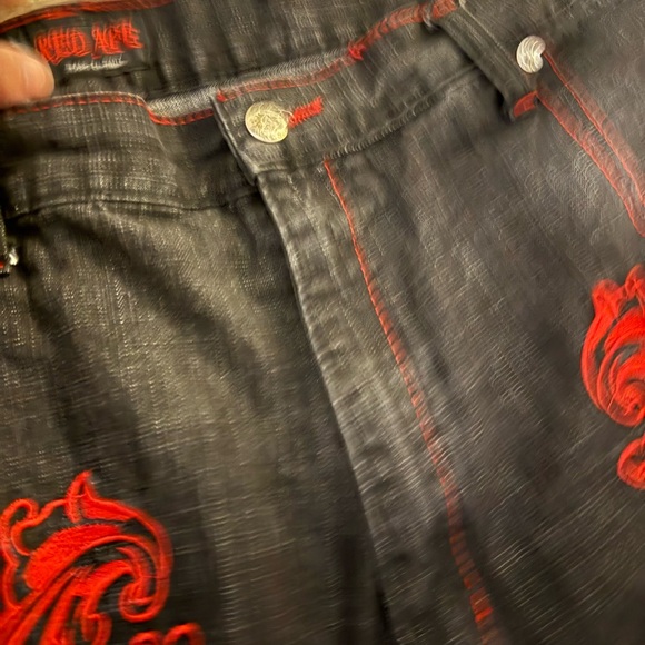 Men's Black Corduroy Pants with Red Embroidery - Picture 2 of 7